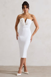 White Bodycon V-Neck Midi Dress With Flowers